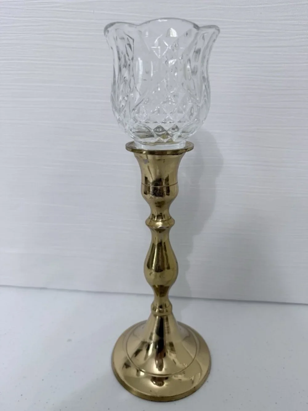 Homco Tulip Diamond Clear Votive Holder on Heavy Brass Candlestick Holder 10.75